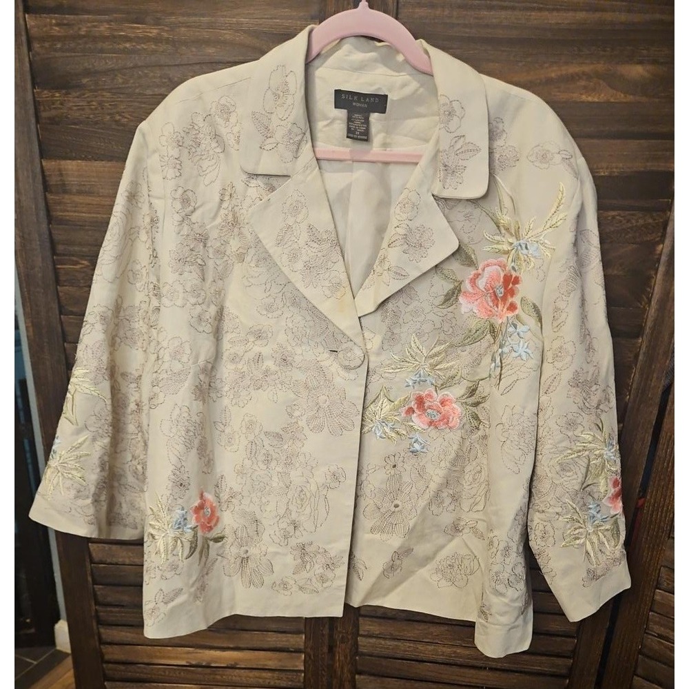 Silk Land Career Jacket Women 3X Linen Blend Embroidered Kimono Blazer #864